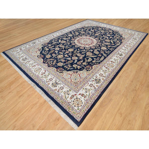 9'8"x14'2" Vulcan Blue, Hand Knotted, Nain with Center Medallion Flower Design, 250 KPSI, Wool and Silk, Oriental Rug FWR545394