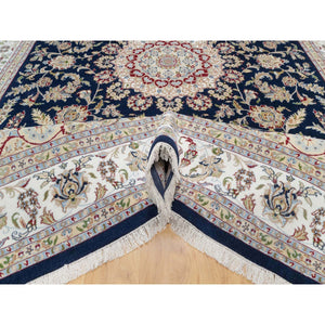 9'8"x14'2" Vulcan Blue, Hand Knotted, Nain with Center Medallion Flower Design, 250 KPSI, Wool and Silk, Oriental Rug FWR545394