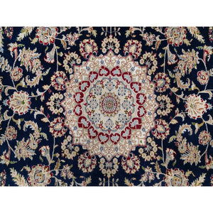 9'8"x14'2" Vulcan Blue, Hand Knotted, Nain with Center Medallion Flower Design, 250 KPSI, Wool and Silk, Oriental Rug FWR545394