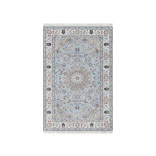 Load image into Gallery viewer, 3&#39;x5&#39;2&quot; Uranian Blue, 250 KPSI, Wool and Silk, Hand Knotted, Nain with Large Center Medallion, Oriental Rug FWR545424