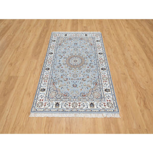 3'x5'2" Uranian Blue, 250 KPSI, Wool and Silk, Hand Knotted, Nain with Large Center Medallion, Oriental Rug FWR545424