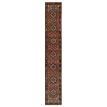 Load image into Gallery viewer, 2&#39;6&quot;x16&#39; Sequoia Red With Prussian Blue Border, Plush and Lush, Densely Woven Antiqued Fine Heriz Re-Creation, Hand Knotted Vegetable Dyes, 100% Wool, XL Runner Oriental Rug FWR545484