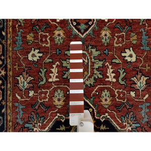 2'6"x16' Sequoia Red With Prussian Blue Border, Plush and Lush, Densely Woven Antiqued Fine Heriz Re-Creation, Hand Knotted Vegetable Dyes, 100% Wool, XL Runner Oriental Rug FWR545484