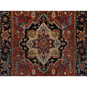 2'6"x16' Sequoia Red With Prussian Blue Border, Plush and Lush, Densely Woven Antiqued Fine Heriz Re-Creation, Hand Knotted Vegetable Dyes, 100% Wool, XL Runner Oriental Rug FWR545484