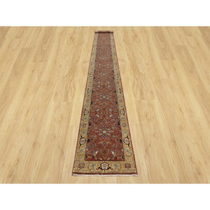 2'7"x18'2" Currant Red With Satin Sheen Gold, Soft Pile Vibrant Wool, Vegetable Dyes and Denser Weave, Antiqued Fine Heriz Re-Creation, Hand Knotted, Oriental XL Runner Rug FWR545490