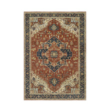 Load image into Gallery viewer, 5&#39;x7&#39;2&quot; Clay Red With Polo Blue Border, Hand Knotted, Vibrant Tribal Geometric Antiqued Fine Heriz Re-Creation Medallion Design, Soft Wool, Denser Weave, Oriental Rug FWR545514