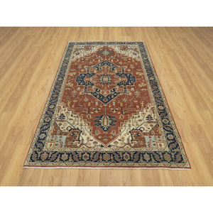 5'x7'2" Clay Red With Polo Blue Border, Hand Knotted, Vibrant Tribal Geometric Antiqued Fine Heriz Re-Creation Medallion Design, Soft Wool, Denser Weave, Oriental Rug FWR545514