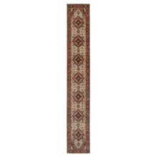 Load image into Gallery viewer, 2&#39;6&quot;x16&#39;1&quot; Angora White, Antiqued Fine Heriz Re-Creation With Red Border, Vegetable Dyes, Hand Knotted With Large Motifs, Plush Soft Pile, Densely Woven, Extra Soft Wool, XL Runner, Oriental Rug FWR545544