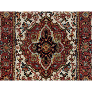 2'6"x16'1" Angora White, Antiqued Fine Heriz Re-Creation With Red Border, Vegetable Dyes, Hand Knotted With Large Motifs, Plush Soft Pile, Densely Woven, Extra Soft Wool, XL Runner, Oriental Rug FWR545544