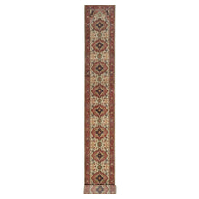 Load image into Gallery viewer, 2&#39;8&quot;x28&#39;1&quot; Eggnog White and Cherry Red, Antiqued Vegetable Dyes Fine Heriz Re-Creation With Large Tribal Medallions, Densely Woven, Hand Knotted, Plush and Soft Pile, Organic Wool, XL Runner, Oriental Rug FWR545562