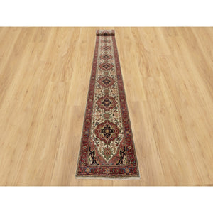 2'8"x28'1" Eggnog White and Cherry Red, Antiqued Vegetable Dyes Fine Heriz Re-Creation With Large Tribal Medallions, Densely Woven, Hand Knotted, Plush and Soft Pile, Organic Wool, XL Runner, Oriental Rug FWR545562