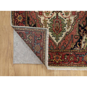 2'8"x28'1" Eggnog White and Cherry Red, Antiqued Vegetable Dyes Fine Heriz Re-Creation With Large Tribal Medallions, Densely Woven, Hand Knotted, Plush and Soft Pile, Organic Wool, XL Runner, Oriental Rug FWR545562