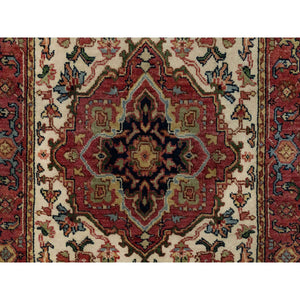 2'8"x28'1" Eggnog White and Cherry Red, Antiqued Vegetable Dyes Fine Heriz Re-Creation With Large Tribal Medallions, Densely Woven, Hand Knotted, Plush and Soft Pile, Organic Wool, XL Runner, Oriental Rug FWR545562