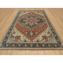 Load image into Gallery viewer, 8&#39;9&quot;x12&#39;1&quot; Ginger Red and Naval Blue, Antiqued Fine Heriz Re-Creation Central Geometric Medallion, Denser Weave, Hand Knotted, Vegetable Dyes, Plush Pile, Natural Wool, Oriental Rug FWR545568