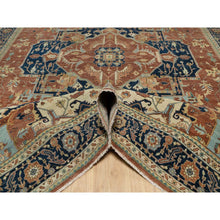 Load image into Gallery viewer, 8&#39;9&quot;x12&#39;1&quot; Ginger Red and Naval Blue, Antiqued Fine Heriz Re-Creation Central Geometric Medallion, Denser Weave, Hand Knotted, Vegetable Dyes, Plush Pile, Natural Wool, Oriental Rug FWR545568