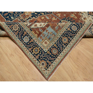 8'9"x12'1" Ginger Red and Naval Blue, Antiqued Fine Heriz Re-Creation Central Geometric Medallion, Denser Weave, Hand Knotted, Vegetable Dyes, Plush Pile, Natural Wool, Oriental Rug FWR545568