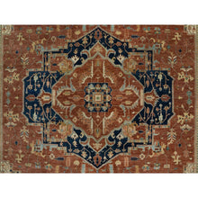 Load image into Gallery viewer, 8&#39;9&quot;x12&#39;1&quot; Ginger Red and Naval Blue, Antiqued Fine Heriz Re-Creation Central Geometric Medallion, Denser Weave, Hand Knotted, Vegetable Dyes, Plush Pile, Natural Wool, Oriental Rug FWR545568