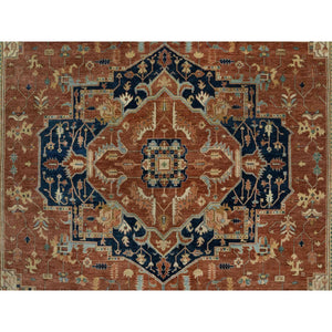 8'9"x12'1" Ginger Red and Naval Blue, Antiqued Fine Heriz Re-Creation Central Geometric Medallion, Denser Weave, Hand Knotted, Vegetable Dyes, Plush Pile, Natural Wool, Oriental Rug FWR545568