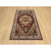 Load image into Gallery viewer, 3&#39;2&quot;x5&#39;3&quot; Spiced Apple Red With Ivory Border, Plush and Lush Pile, Central Medallion Design, Antiqued Fine Heriz Re-Creation, Hand Knotted Denser Weave, Vegetable Dyes, All Wool, Oriental Rug FWR545586