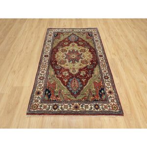 3'2"x5'3" Spiced Apple Red With Ivory Border, Plush and Lush Pile, Central Medallion Design, Antiqued Fine Heriz Re-Creation, Hand Knotted Denser Weave, Vegetable Dyes, All Wool, Oriental Rug FWR545586