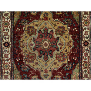 3'2"x5'3" Spiced Apple Red With Ivory Border, Plush and Lush Pile, Central Medallion Design, Antiqued Fine Heriz Re-Creation, Hand Knotted Denser Weave, Vegetable Dyes, All Wool, Oriental Rug FWR545586