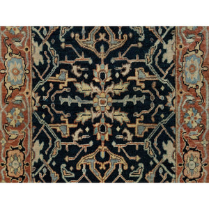 2'6"x10'1" Prussian Blue and Rust Red, Vegetable Dyes, Denser Weave, Hand Knotted Soft Pile, Antiqued Fine Heriz Re-Creation, Soft and Velvety Wool, Runner Oriental Rug FWR545598