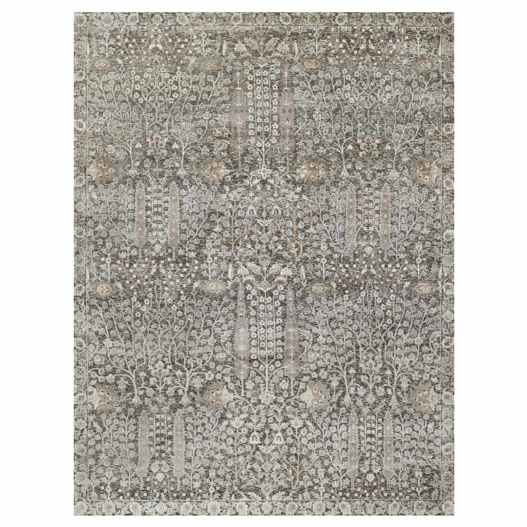 9'x12' Granite Gray, Hand Knotted, Silk With Textured Wool, Willow And Cypress Tree Design, Oriental Rug FWR545640