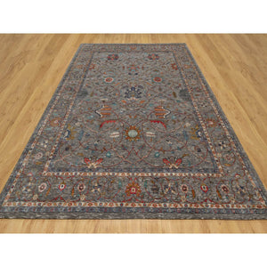 9'x12'1" Brunette Brown, Persian Scrolls Leaf and Flower Design, Hand Knotted Striae Pattern, Silk with Textured Wool, Oriental Rug FWR545646