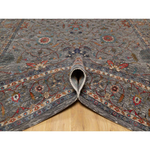 9'x12'1" Brunette Brown, Persian Scrolls Leaf and Flower Design, Hand Knotted Striae Pattern, Silk with Textured Wool, Oriental Rug FWR545646