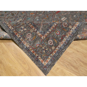 9'x12'1" Brunette Brown, Persian Scrolls Leaf and Flower Design, Hand Knotted Striae Pattern, Silk with Textured Wool, Oriental Rug FWR545646