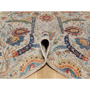 6'3"x9'1" Cosmic Latte White, Soft and Plush Pile, Hand Knotted With Sickle Leaf Design, Silk With Textured Wool, Oriental Rug FWR545682