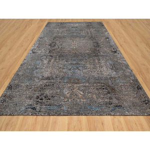 10'x14' Charcoal Gray, Transitional Persian Influence Erased Medallion Design, Borderless, Silk with Textured Wool, Hand Knotted Oriental Rug FWR545724