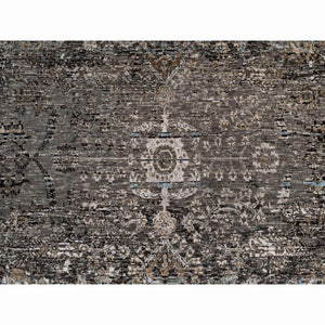 8'x9'10" Intense Gray, Hand Knotted, Transitional Persian Influence Erased Medallion Design, Silk with Textured Wool, Oriental Rug FWR545730