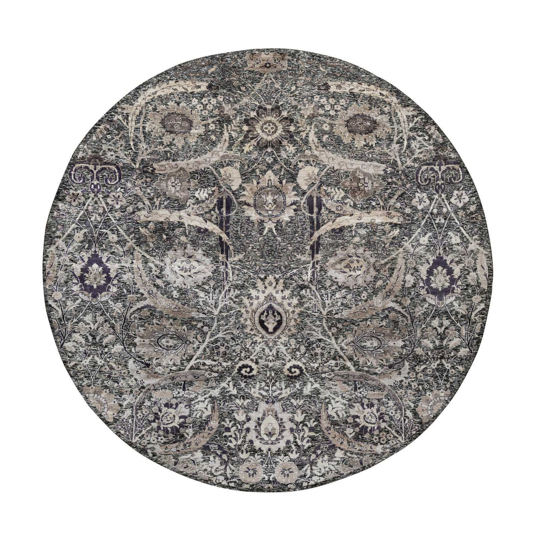 10'x10' Timber Wolf Brown, Wool and Silk, Hand Knotted, Sickle Leaf Design With Essence Of Black, Plush and Lush Soft Pile, Round Oriental Rug FWR545748