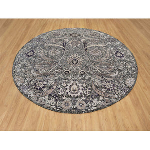 10'x10' Timber Wolf Brown, Wool and Silk, Hand Knotted, Sickle Leaf Design With Essence Of Black, Plush and Lush Soft Pile, Round Oriental Rug FWR545748