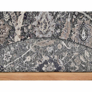 10'x10' Timber Wolf Brown, Wool and Silk, Hand Knotted, Sickle Leaf Design With Essence Of Black, Plush and Lush Soft Pile, Round Oriental Rug FWR545748