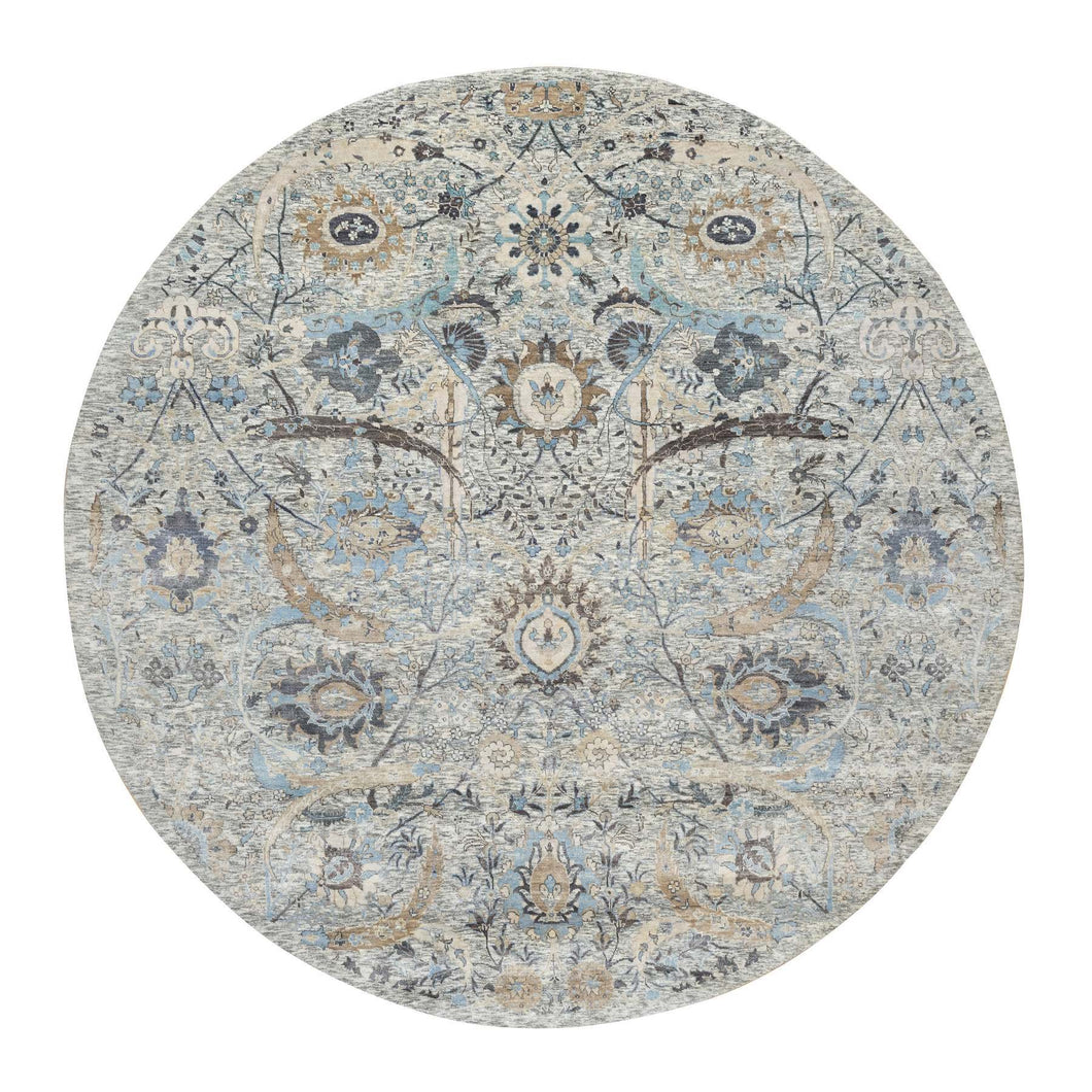 10'x10' Tahira White, Hand Knotted, Silk With Textured Wool, Sickle Leaf Design, Lush and Plush Soft Pile, Round Oriental Rug FWR545754