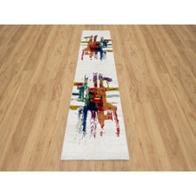 Load image into Gallery viewer, 2&#39;6&quot;x9&#39;10&quot; Jet Stream White, Colorful Modern Abstract Motifs Design With Painter&#39;s Brush Strokes, Hand Knotted, Wool and Sari Silk, Runner Oriental Rug FWR545766