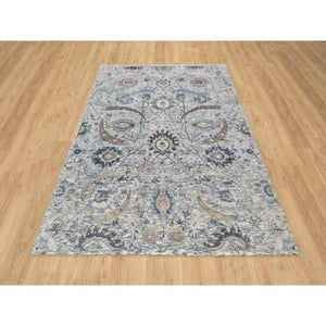 5'x7'1" Chiffon White, Sickle Leaf Design, Hand Knotted, Plush and Lush, Silk With Textured Wool, Borderless Oriental Rug FWR545814