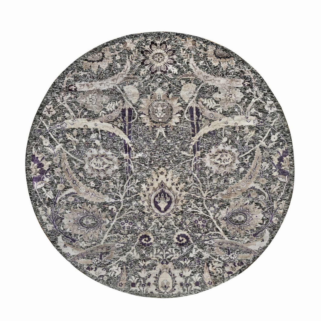 8'x8' Tarmac Brown, Hand Knotted With Essence Of Black, Sickle Leaf Design, Plush and Lush, Wool and Silk, Borderless Round Oriental Rug FWR545838