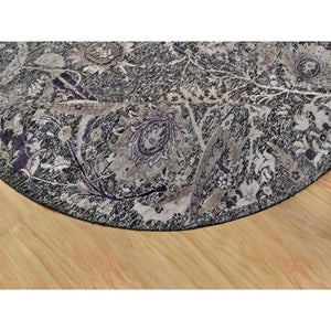 8'x8' Tarmac Brown, Hand Knotted With Essence Of Black, Sickle Leaf Design, Plush and Lush, Wool and Silk, Borderless Round Oriental Rug FWR545838