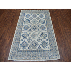 4'x6'1" Ivory Vintage Look Kazak Geometric Design Hand-Knotted Oriental Rug FWR302022