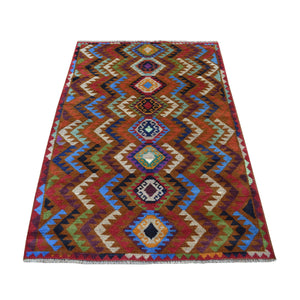3'9"x6' Brown Hand Knotted Colorful Afghan Baluch Geometric Design Pure Wool Oriental Rug FWR318858