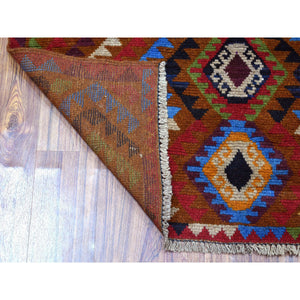 3'9"x6' Brown Hand Knotted Colorful Afghan Baluch Geometric Design Pure Wool Oriental Rug FWR318858