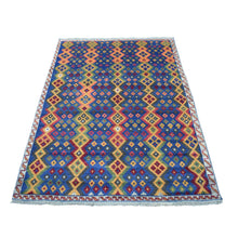 Load image into Gallery viewer, 4&#39;1&quot;x5&#39;8&quot; Blue Colorful Afghan Baluch Geometric Design Hand Knotted Pure Wool Oriental Rug FWR319896