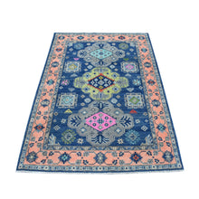 Load image into Gallery viewer, 4&#39;1&quot;x5&#39;9&quot; Colorful Blue Fusion Kazak Pure Wool Geometric Design Hand Knotted Oriental Rug FWR322866