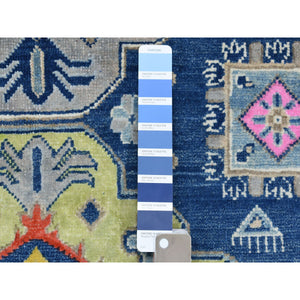 4'1"x5'9" Colorful Blue Fusion Kazak Pure Wool Geometric Design Hand Knotted Oriental Rug FWR322866