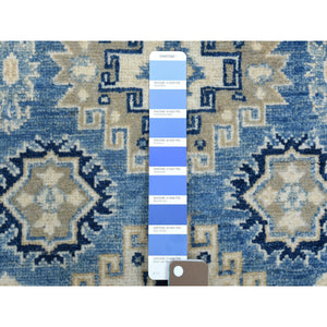 2'8"x9'6" Blue All Over Design Hand Knotted Pure Wool Vintage Look Kazak Runner Oriental Rug FWR327732