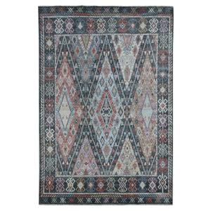 6'4"x9'2" Charcoal Black With Anatolian Design Organic Wool Hand Knotted Oriental Rug FWR336540