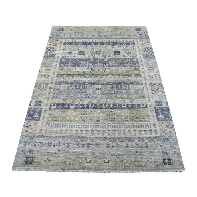 4'x6' Hand-Knotted Taupe Kashkuli Gabbeh With Small Animal Figurines Organic Wool Village Rug FWR338556